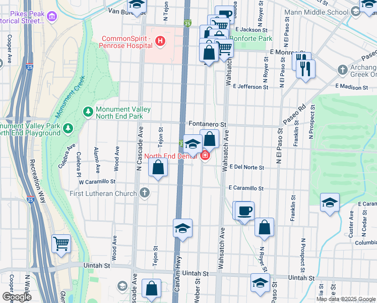 map of restaurants, bars, coffee shops, grocery stores, and more near 1731 North Nevada Avenue in Colorado Springs