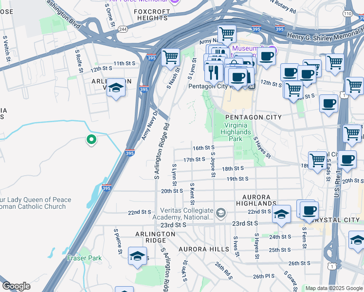 map of restaurants, bars, coffee shops, grocery stores, and more near 1119 16th Street South in Arlington