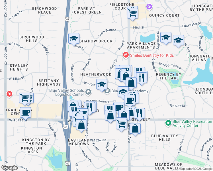 map of restaurants, bars, coffee shops, grocery stores, and more near 7600 West 149th Street in Overland Park