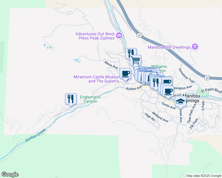 map of restaurants, bars, coffee shops, grocery stores, and more near 308 Ruxton Avenue in Manitou Springs