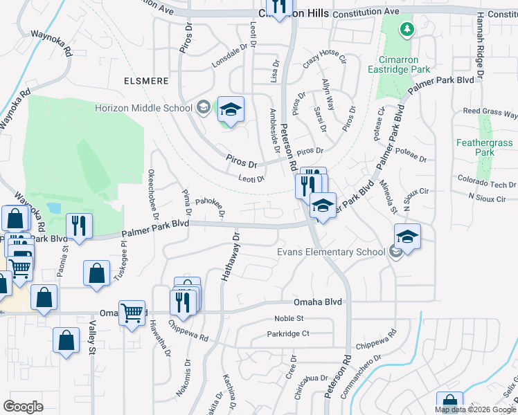 map of restaurants, bars, coffee shops, grocery stores, and more near 6676 Pahokee Court in Colorado Springs