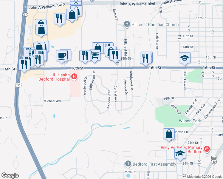 map of restaurants, bars, coffee shops, grocery stores, and more near 318 Eastwood Drive in Bedford