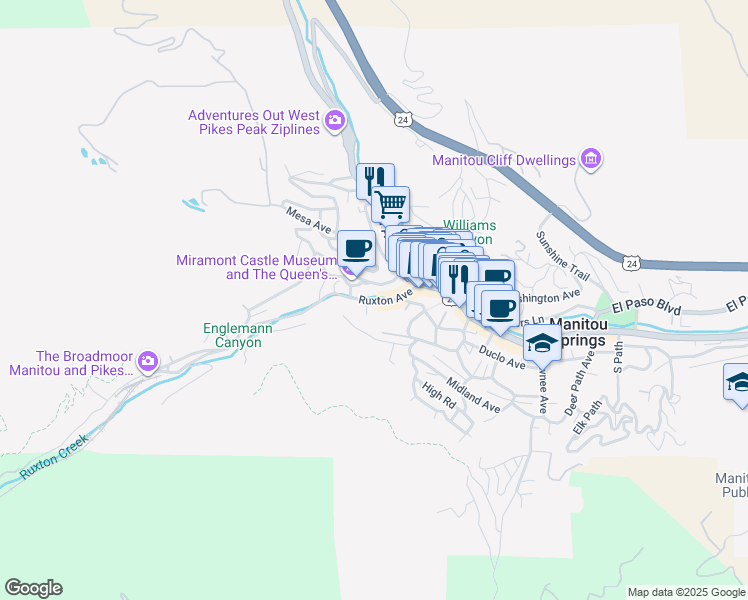 map of restaurants, bars, coffee shops, grocery stores, and more near 12 Capitol Hill Avenue in Manitou Springs