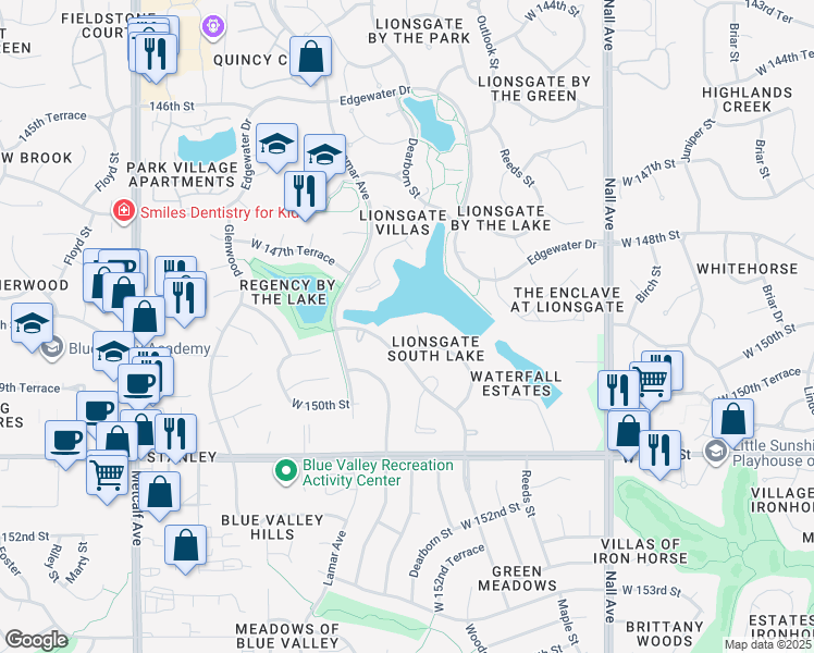 map of restaurants, bars, coffee shops, grocery stores, and more near 14915 Outlook Lane in Overland Park