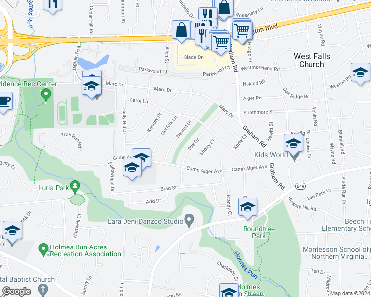 map of restaurants, bars, coffee shops, grocery stores, and more near 3232 Dye Drive in Falls Church