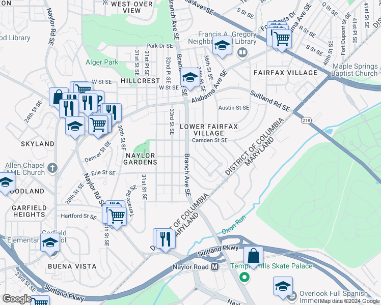 map of restaurants, bars, coffee shops, grocery stores, and more near 2524 Branch Avenue Southeast in Washington