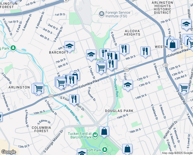 map of restaurants, bars, coffee shops, grocery stores, and more near 4241 Columbia Pike in Arlington