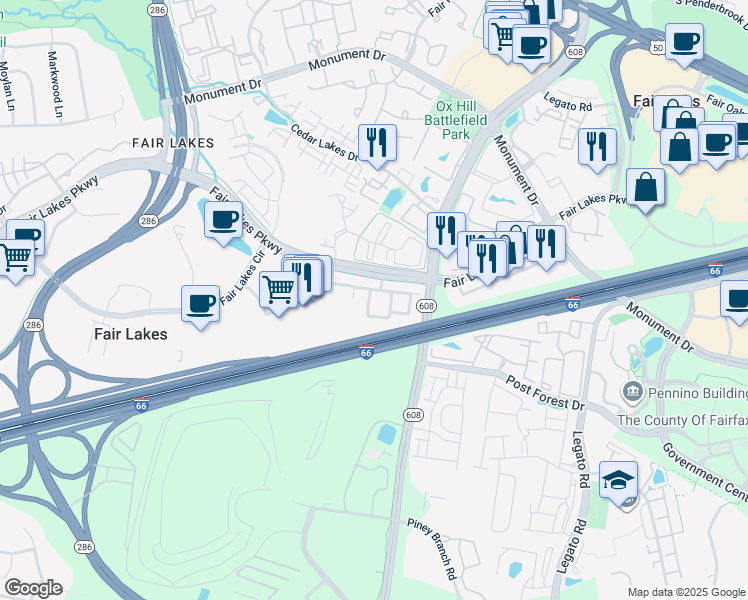 map of restaurants, bars, coffee shops, grocery stores, and more near 4451B Beacon Grove Circle in Fairfax