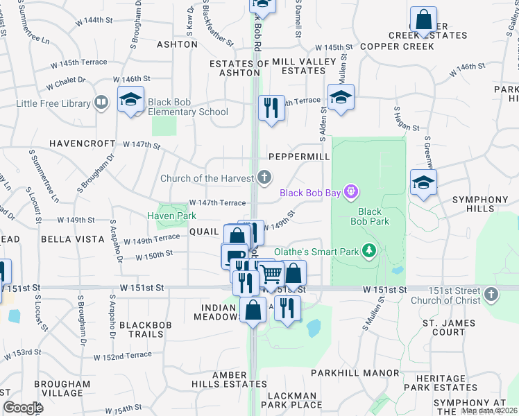 map of restaurants, bars, coffee shops, grocery stores, and more near 15012 West Peppermill Drive in Olathe