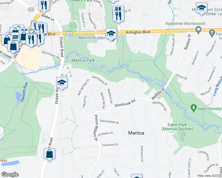 map of restaurants, bars, coffee shops, grocery stores, and more near 3303 Midland Road in Fairfax