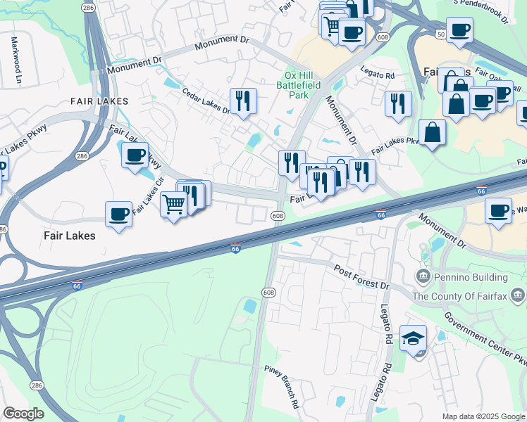 map of restaurants, bars, coffee shops, grocery stores, and more near 4424B Beechstone Lane in Fairfax