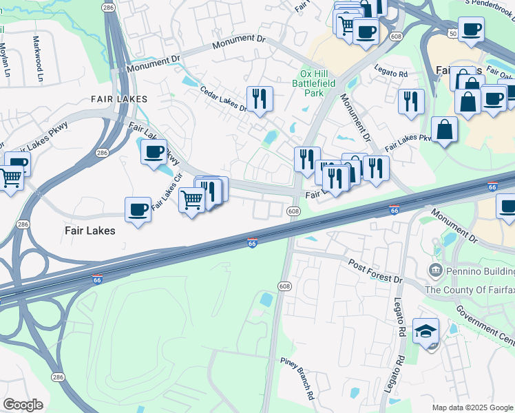 map of restaurants, bars, coffee shops, grocery stores, and more near 4451B Beacon Grove Circle in Fairfax