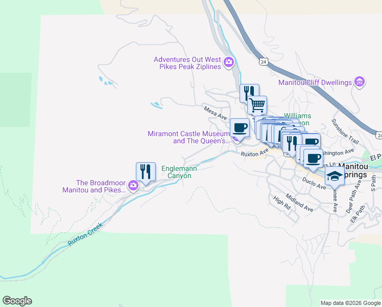 map of restaurants, bars, coffee shops, grocery stores, and more near 372 Pilot Knob Avenue in Manitou Springs