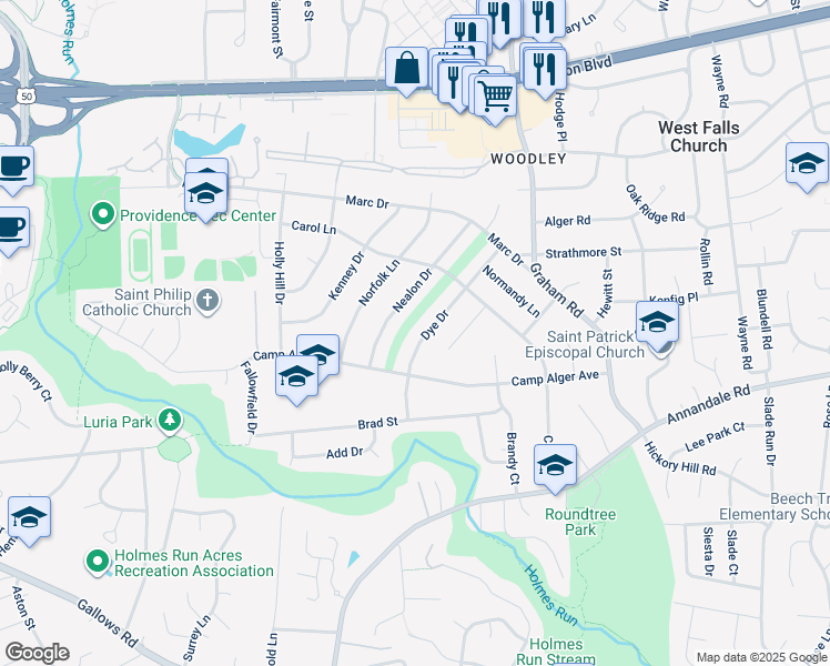 map of restaurants, bars, coffee shops, grocery stores, and more near 3232 Dye Drive in Falls Church