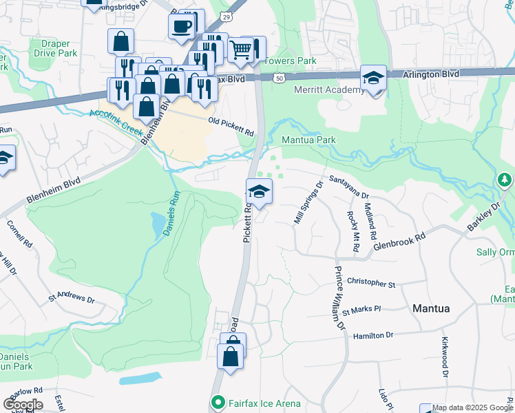 map of restaurants, bars, coffee shops, grocery stores, and more near 9450 Silver King Court in Fairfax