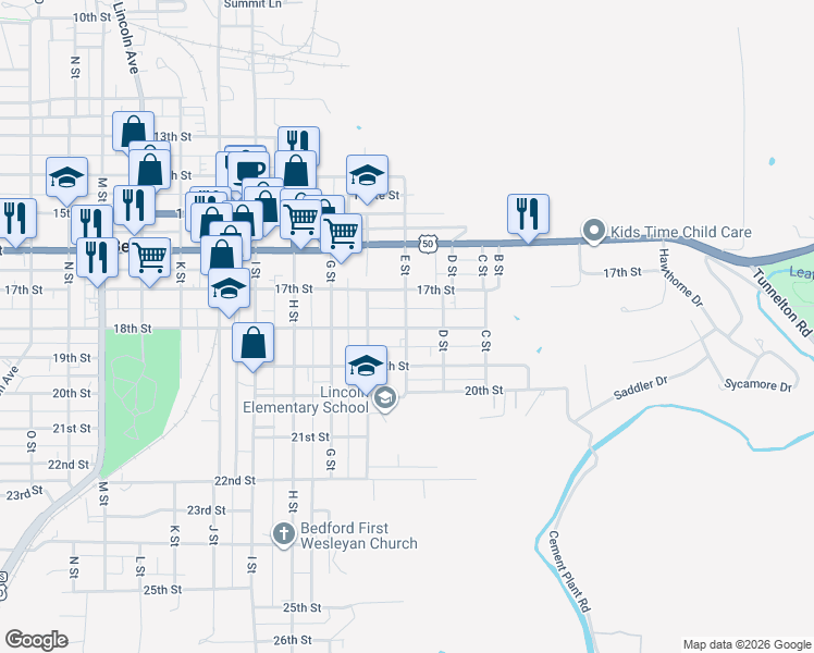 map of restaurants, bars, coffee shops, grocery stores, and more near 1798 E Street in Bedford