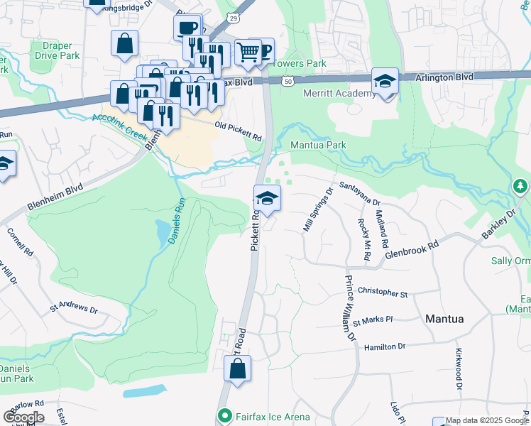 map of restaurants, bars, coffee shops, grocery stores, and more near 9450 Silver King Court in Fairfax