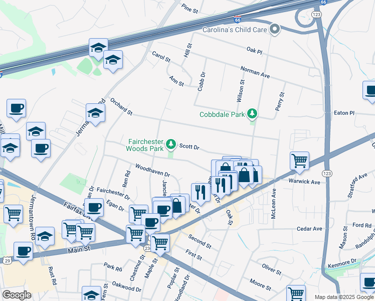 map of restaurants, bars, coffee shops, grocery stores, and more near 10807 Scott Drive in Fairfax