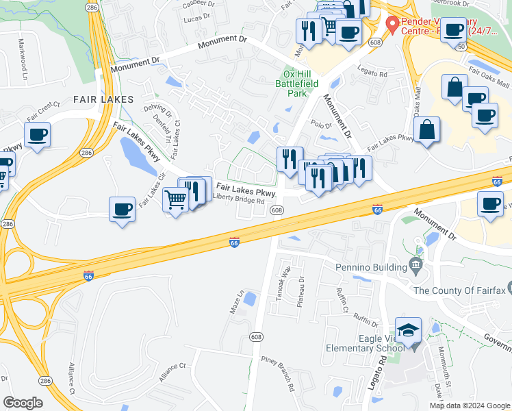 map of restaurants, bars, coffee shops, grocery stores, and more near 4498 Beacon Grove Circle in Fairfax