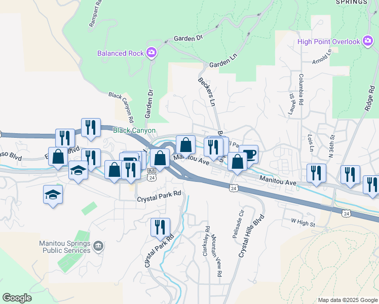 map of restaurants, bars, coffee shops, grocery stores, and more near 134 Manitou Avenue in Manitou Springs