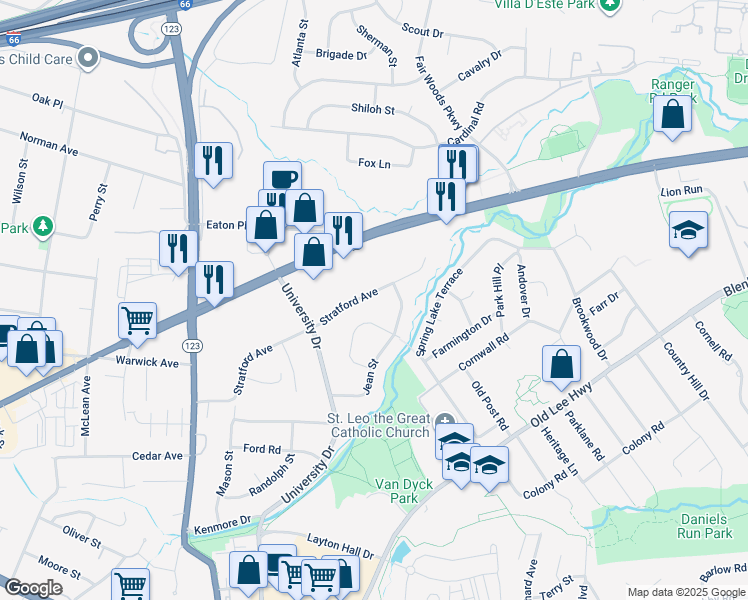 map of restaurants, bars, coffee shops, grocery stores, and more near 10227 Stratford Avenue in Fairfax