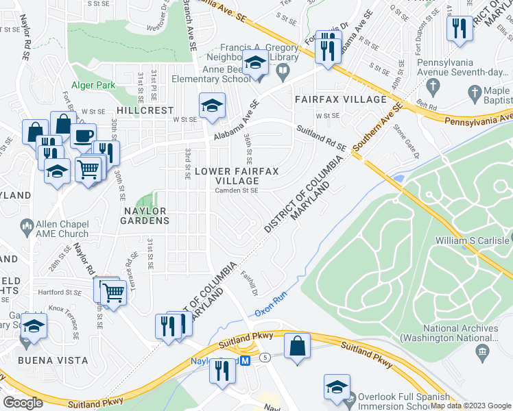 map of restaurants, bars, coffee shops, grocery stores, and more near 2529 36th Street Southeast in Washington