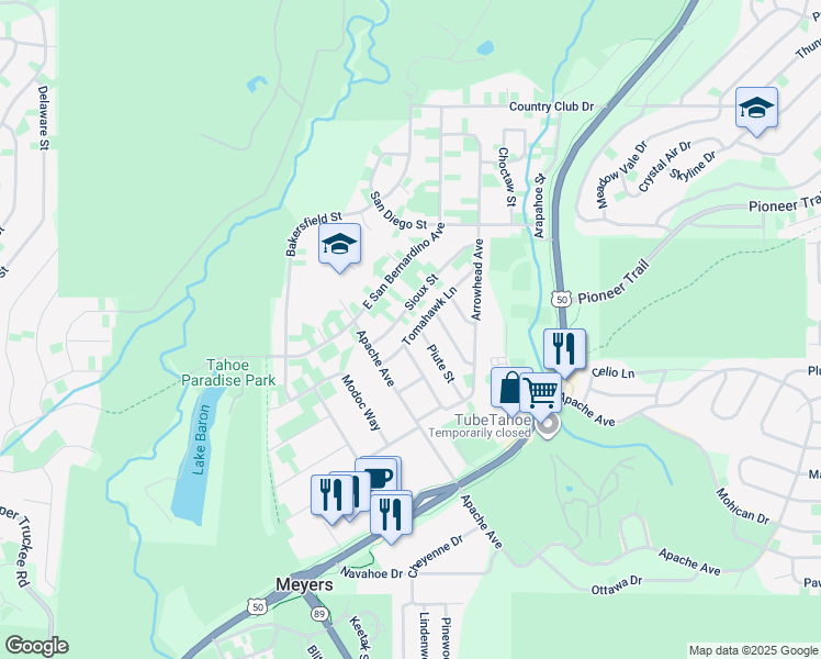 map of restaurants, bars, coffee shops, grocery stores, and more near 1131 Tomahawk Lane in South Lake Tahoe