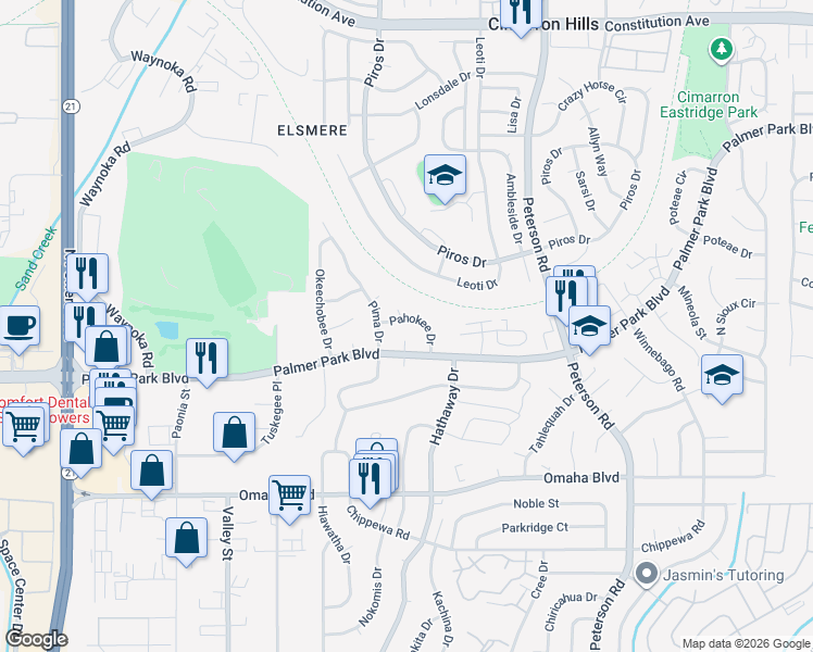 map of restaurants, bars, coffee shops, grocery stores, and more near 6430 Pahokee Drive in Colorado Springs