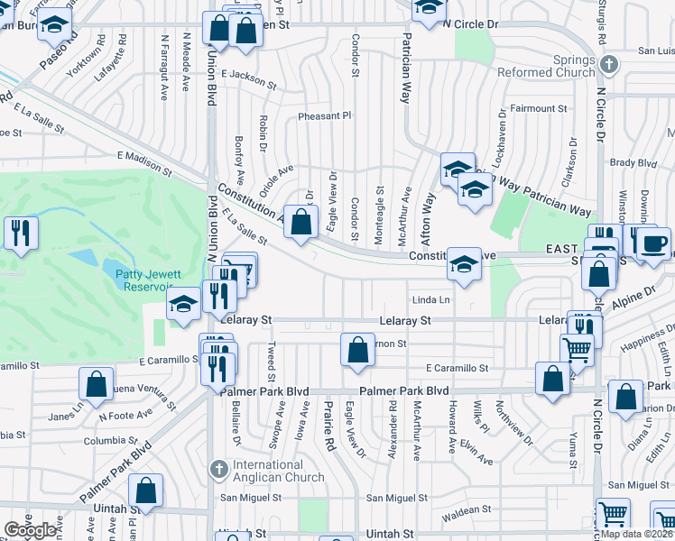 map of restaurants, bars, coffee shops, grocery stores, and more near 2210 East La Salle Street in Colorado Springs
