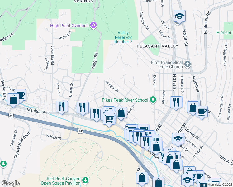 map of restaurants, bars, coffee shops, grocery stores, and more near 3326 West Bijou Street in Colorado Springs