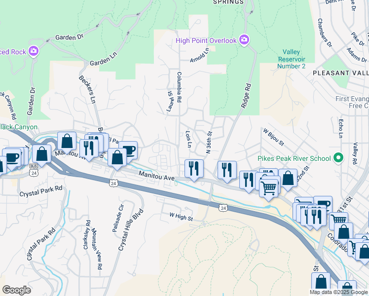 map of restaurants, bars, coffee shops, grocery stores, and more near 217 Columbia Road in Colorado Springs