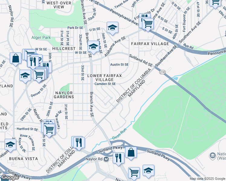 map of restaurants, bars, coffee shops, grocery stores, and more near 2529 36th Street Southeast in Washington
