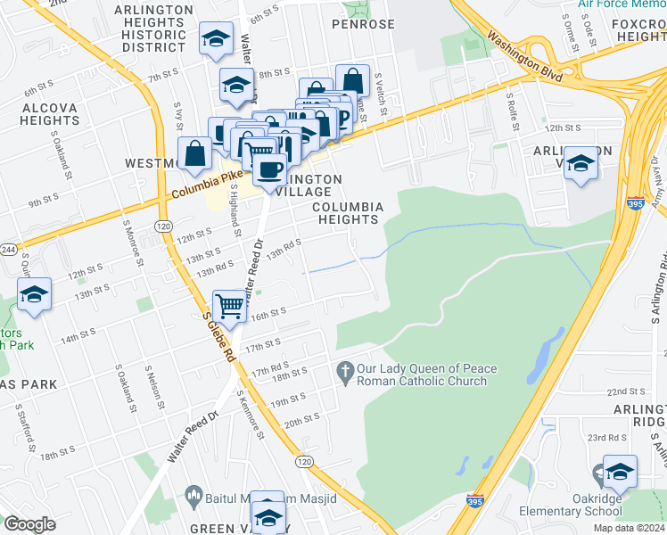 map of restaurants, bars, coffee shops, grocery stores, and more near 1400 South Barton Street in Arlington