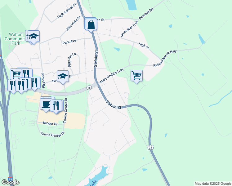 map of restaurants, bars, coffee shops, grocery stores, and more near 12 Richland Court in Walton