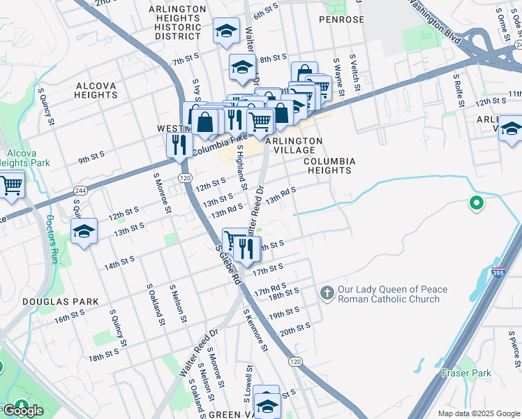 map of restaurants, bars, coffee shops, grocery stores, and more near 1315 South Walter Reed Drive in Arlington