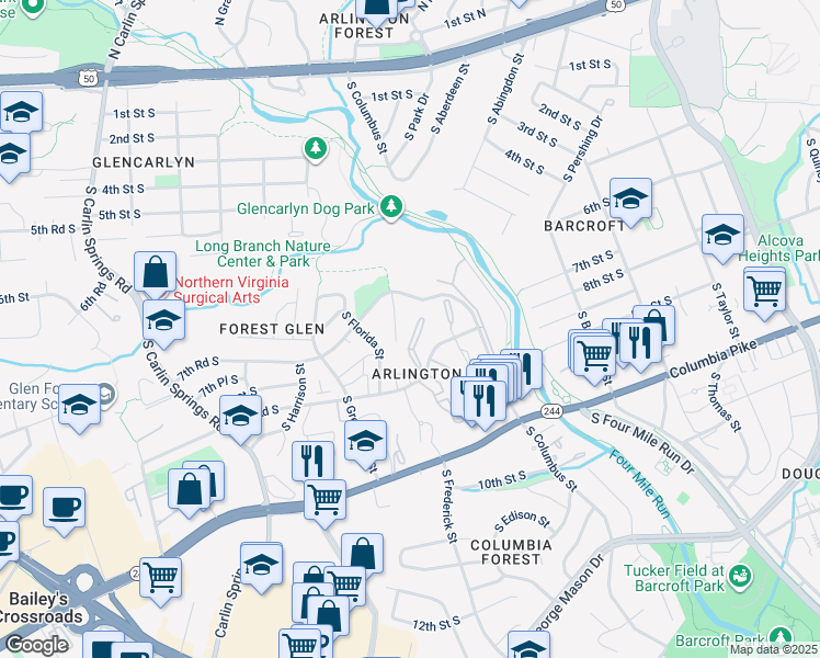 map of restaurants, bars, coffee shops, grocery stores, and more near 5101 8th Road South in Arlington