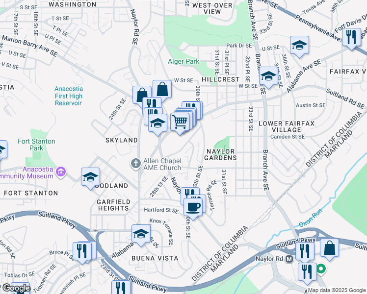 map of restaurants, bars, coffee shops, grocery stores, and more near 2898 Denver Street Southeast in Washington