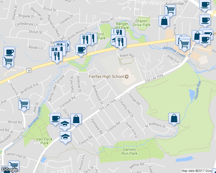 map of restaurants, bars, coffee shops, grocery stores, and more near 9911 Farr Drive in Fairfax