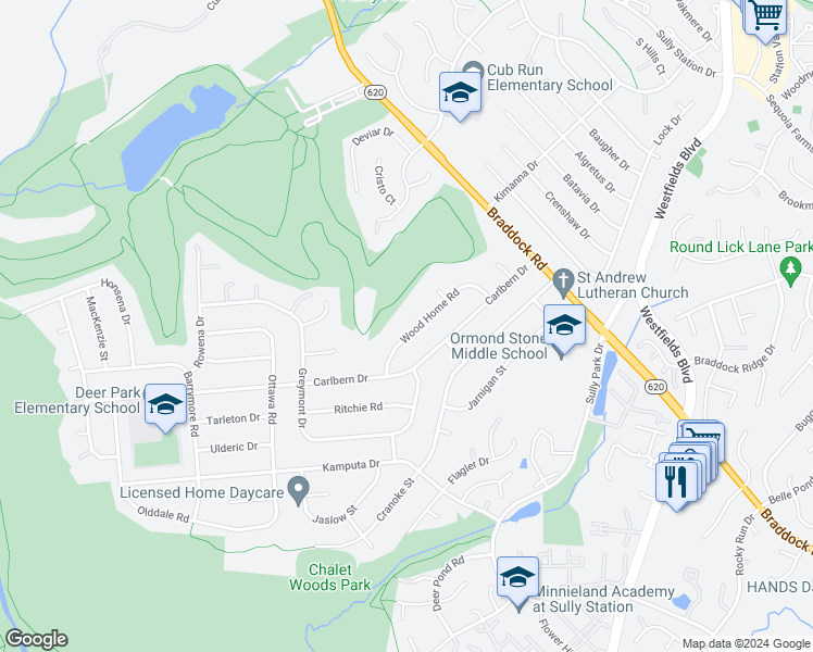 map of restaurants, bars, coffee shops, grocery stores, and more near 14828 Wood Home Road in Centreville