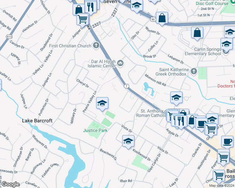 map of restaurants, bars, coffee shops, grocery stores, and more near 6139 Leesburg Pike in Falls Church
