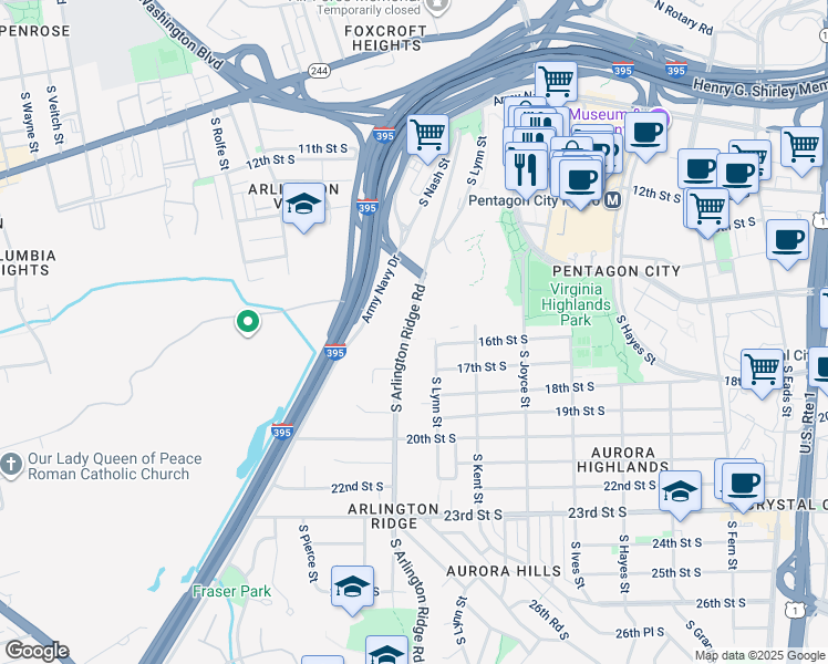 map of restaurants, bars, coffee shops, grocery stores, and more near 1805 South Arlington Ridge Road in Arlington