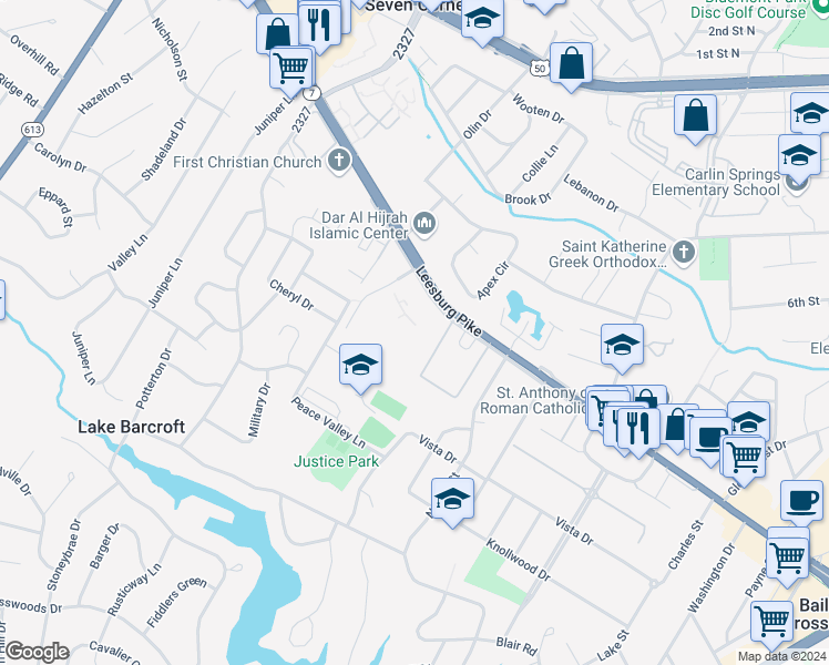 map of restaurants, bars, coffee shops, grocery stores, and more near 6139 Leesburg Pike in Falls Church