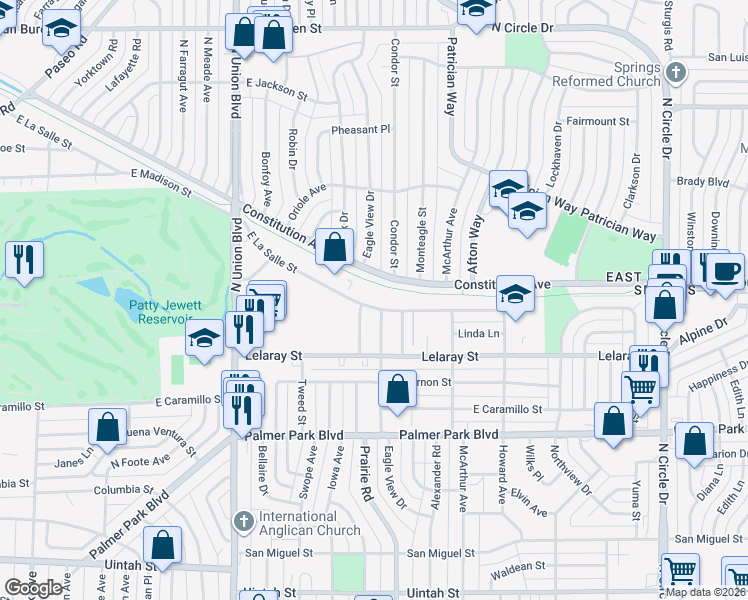 map of restaurants, bars, coffee shops, grocery stores, and more near 2210 East La Salle Street in Colorado Springs