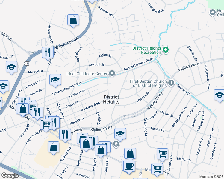 map of restaurants, bars, coffee shops, grocery stores, and more near 2214 Breton Drive in District Heights