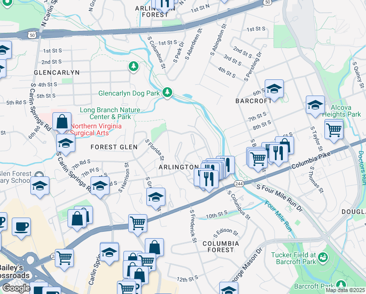 map of restaurants, bars, coffee shops, grocery stores, and more near 5041 7th Road South in Arlington
