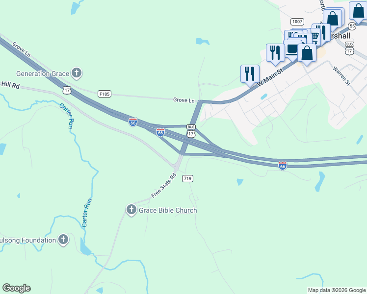 map of restaurants, bars, coffee shops, grocery stores, and more near County Road 721 in Marshall