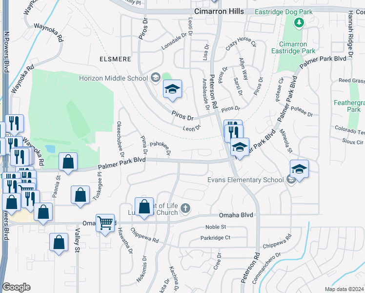 map of restaurants, bars, coffee shops, grocery stores, and more near 6620 Pahokee Court in Colorado Springs