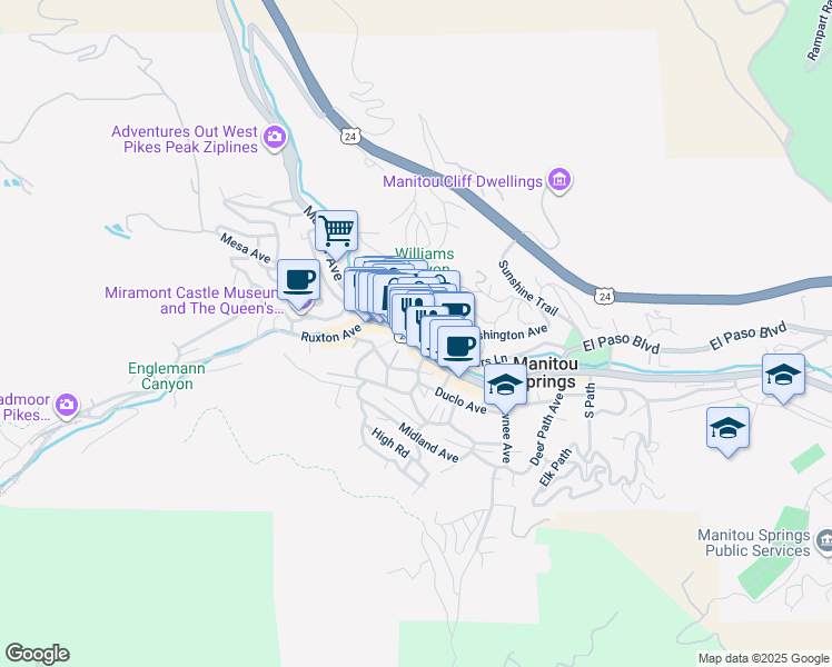 map of restaurants, bars, coffee shops, grocery stores, and more near 924 Manitou Avenue in Manitou Springs