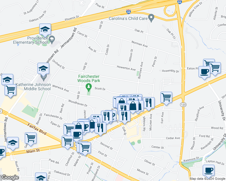 map of restaurants, bars, coffee shops, grocery stores, and more near 10720 Scott Drive in Fairfax