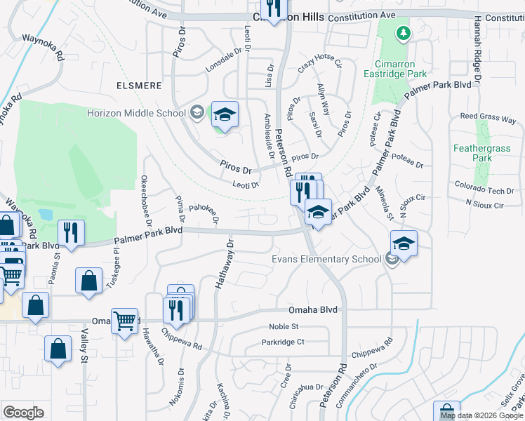 map of restaurants, bars, coffee shops, grocery stores, and more near 6710 Pahokee Court in Colorado Springs